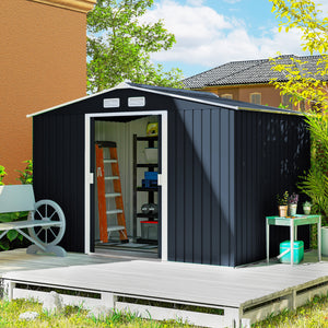 9' x 6' Garden Storage Shed with Foundation Kit, Metal Tool Storage House with Double Doors for Outdoor Patio Yard, Dark Grey