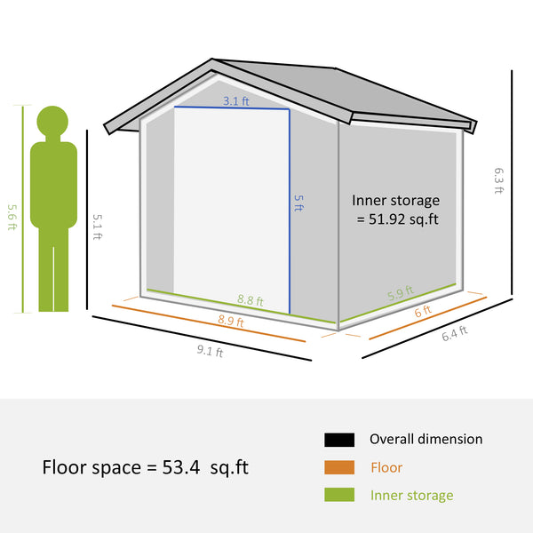 Outsunny 9' x 6' Outdoor Storage Shed, Garden Tool Metal Shed with Foundation Kit, Double Lockable Door, Air Vents and Sloping Roof, for Backyard, Patio, Lawn, Dark Gray