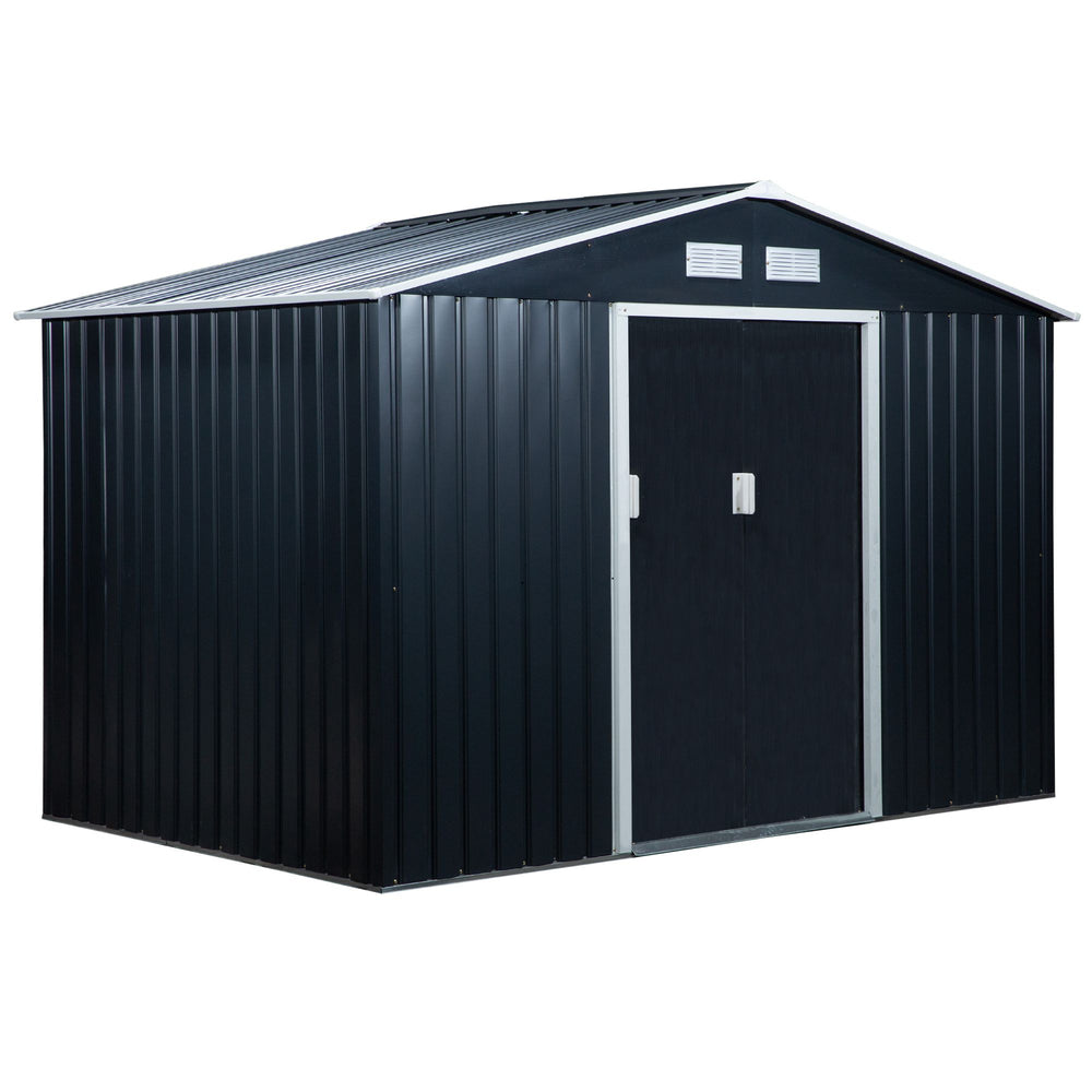 Outsunny 9' x 6' Outdoor Storage Shed, Garden Tool Metal Shed with Foundation Kit, Double Lockable Door, Air Vents and Sloping Roof, for Backyard, Patio, Lawn, Dark Gray