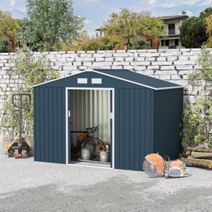 Outsunny 9' x 6' Outdoor Storage Shed, Garden Tool Metal Shed with Foundation Kit, Double Lockable Door, Air Vents and Sloping Roof, for Backyard, Patio, Lawn, Dark Gray