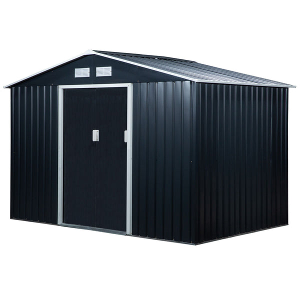 Outsunny 9' x 6' Outdoor Storage Shed, Garden Tool Metal Shed with Foundation Kit, Double Lockable Door, Air Vents and Sloping Roof, for Backyard, Patio, Lawn, Dark Gray