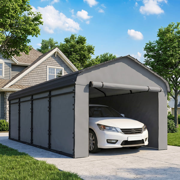12' x 20' x 8.5' Heavy Duty Metal Carport, Waterproof Car Shelter Garage Canopy with Galvanized Metal Roof and Removable Sidewalls for Cars, Boats and Trucks, Light Grey