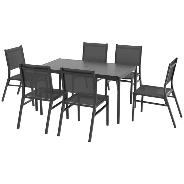 6 Seater Garden Dining Set, Aluminium Top Table with Umbrella Hole, Texteline Chairs, Outdoor Table and Chairs, Dark Grey