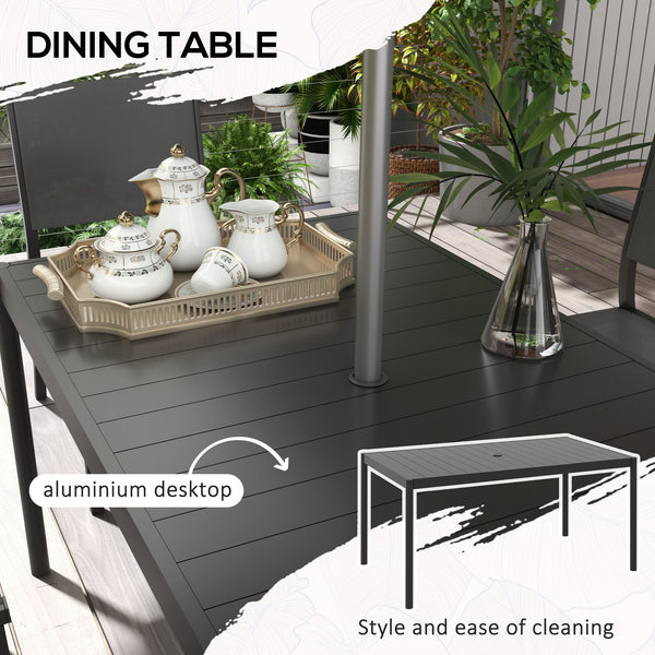 6 Seater Garden Dining Set, Aluminium Top Table with Umbrella Hole, Texteline Chairs, Outdoor Table and Chairs, Dark Grey
