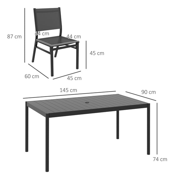 6 Seater Garden Dining Set, Aluminium Top Table with Umbrella Hole, Texteline Chairs, Outdoor Table and Chairs, Dark Grey