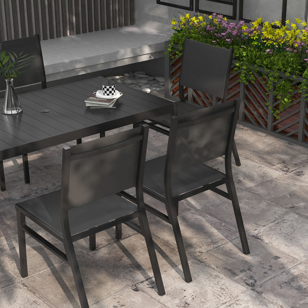 6 Seater Garden Dining Set, Aluminium Top Table with Umbrella Hole, Texteline Chairs, Outdoor Table and Chairs, Dark Grey