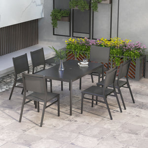 6 Seater Garden Dining Set, Aluminium Top Table with Umbrella Hole, Texteline Chairs, Outdoor Table and Chairs, Dark Grey