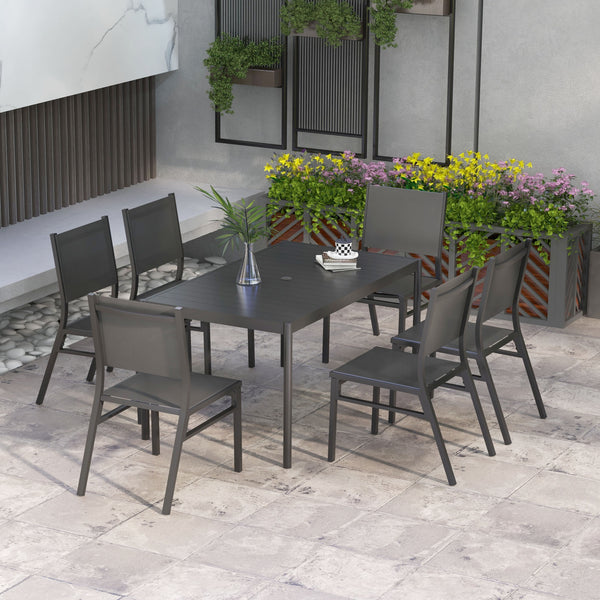 6 Seater Garden Dining Set, Aluminium Top Table with Umbrella Hole, Texteline Chairs, Outdoor Table and Chairs, Dark Grey