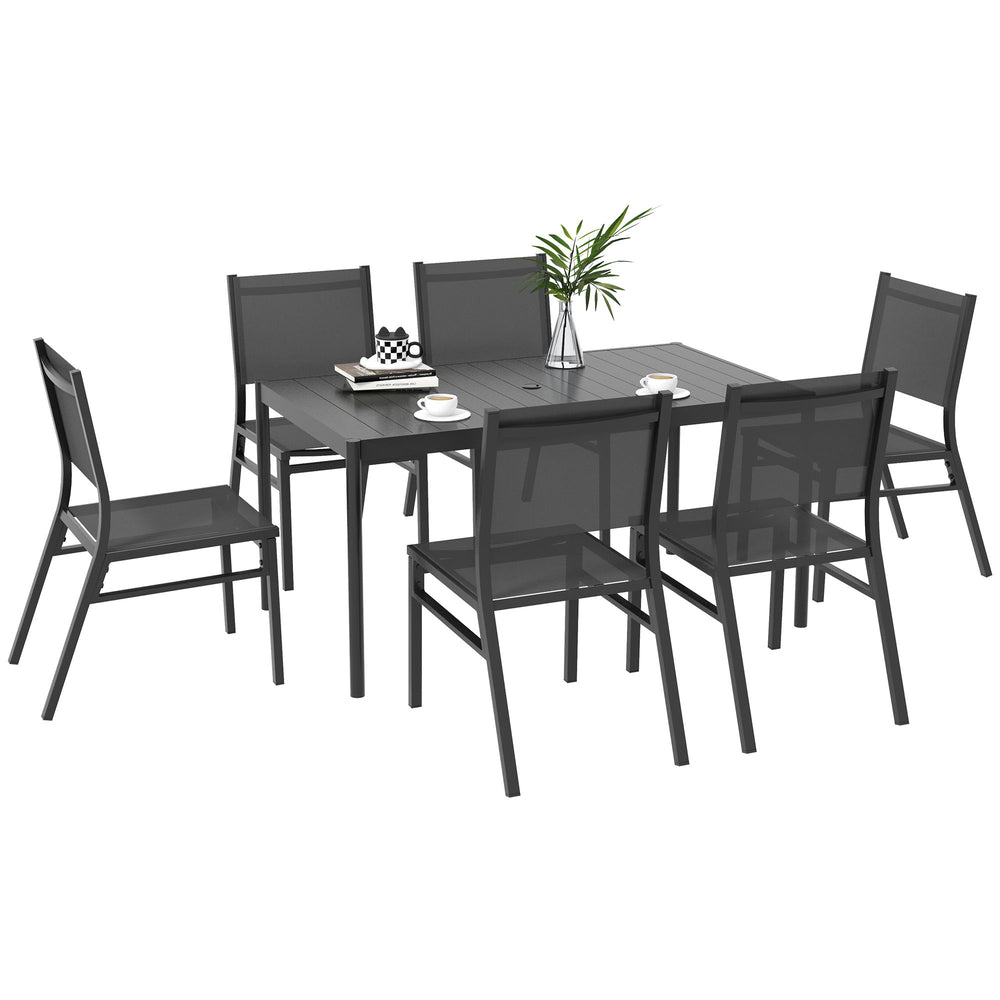 6 Seater Garden Dining Set, Aluminium Top Table with Umbrella Hole, Texteline Chairs, Outdoor Table and Chairs, Dark Grey