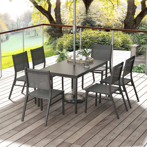 6 Seater Garden Dining Set, Aluminium Top Table with Umbrella Hole, Texteline Chairs, Outdoor Table and Chairs, Dark Grey