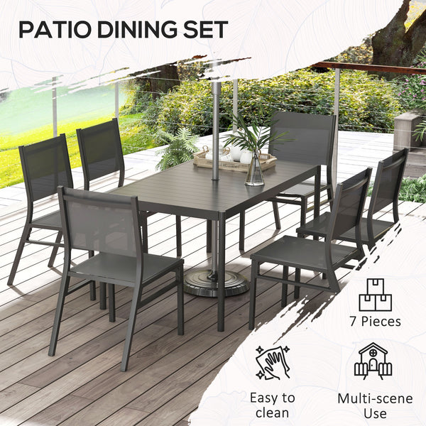 6 Seater Garden Dining Set, Aluminium Top Table with Umbrella Hole, Texteline Chairs, Outdoor Table and Chairs, Dark Grey