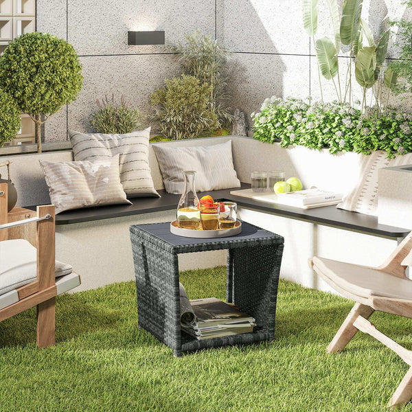 2-Tier PE Rattan Side Table with Storage Shelf, Square Outdoor Coffee Table with PS Wood Slat Top, UV-Resistant for Patio, Garden, Balcony, Grey