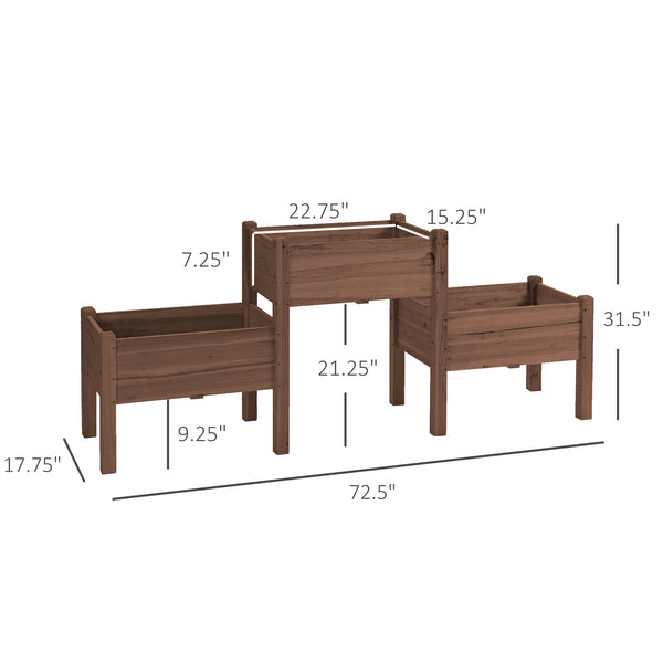 Outsunny Raised Garden Bed with 3 Planter Box, Elevated Wooden Plant Stand with Drainage Holes, for Vegetables, Herb and Flowers, Coffee