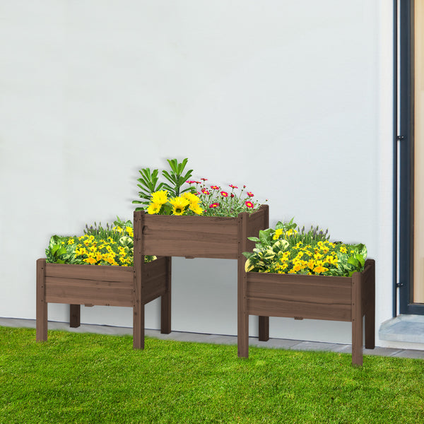 Outsunny Raised Garden Bed with 3 Planter Box, Elevated Wooden Plant Stand with Drainage Holes, for Vegetables, Herb and Flowers, Coffee