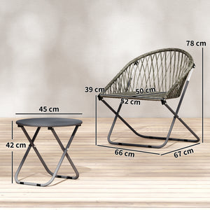 3 Pieces Patio Bistro Set, Folding Garden Furniture Set for 2 with Metal Top Coffee Table and Rattan Chairs for Outdoor, Balcony, Grey