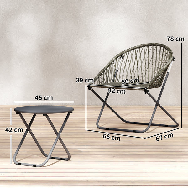 3 Pieces Patio Bistro Set, Folding Garden Furniture Set for 2 with Metal Top Coffee Table and Rattan Chairs for Outdoor, Balcony, Grey