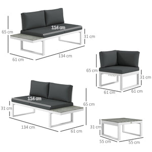 4 Pieces Patio Garden Set with 5-Level Recline Corner Sofa, Outdoor Garden Lounge Sectional Conversation Sofa Set with Cushions, Wood Grain Plastic Table, White  Frame Grey Cushion