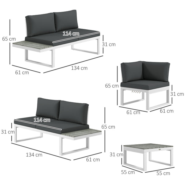 4 Pieces Patio Garden Set with 5-Level Recline Corner Sofa, Outdoor Garden Lounge Sectional Conversation Sofa Set with Cushions, Wood Grain Plastic Table, White  Frame Grey Cushion