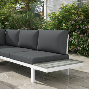 4 Pieces Patio Garden Set with 5-Level Recline Corner Sofa, Outdoor Garden Lounge Sectional Conversation Sofa Set with Cushions, Wood Grain Plastic Table, White  Frame Grey Cushion
