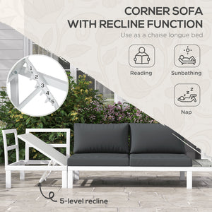 4 Pieces Patio Garden Set with 5-Level Recline Corner Sofa, Outdoor Garden Lounge Sectional Conversation Sofa Set with Cushions, Wood Grain Plastic Table, White  Frame Grey Cushion
