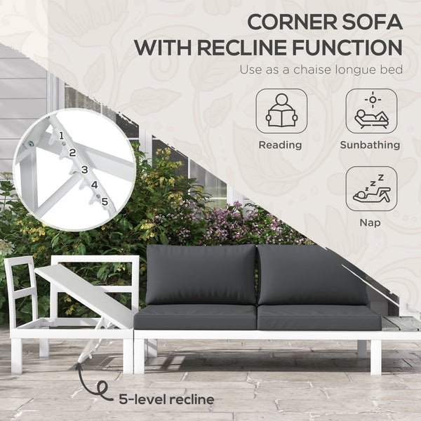 4 Pieces Patio Garden Set with 5-Level Recline Corner Sofa, Outdoor Garden Lounge Sectional Conversation Sofa Set with Cushions, Wood Grain Plastic Table, White  Frame Grey Cushion
