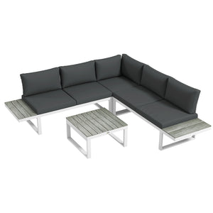4 Pieces Patio Garden Set with 5-Level Recline Corner Sofa, Outdoor Garden Lounge Sectional Conversation Sofa Set with Cushions, Wood Grain Plastic Table, White  Frame Grey Cushion