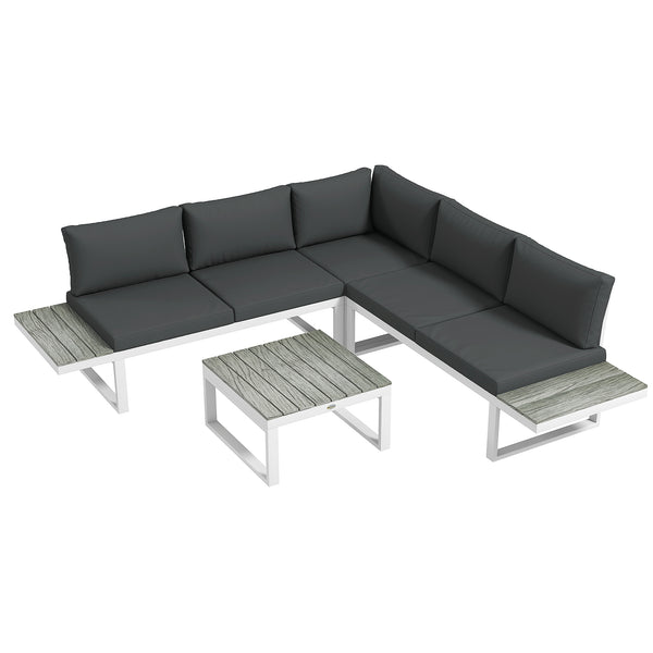 4 Pieces Patio Garden Set with 5-Level Recline Corner Sofa, Outdoor Garden Lounge Sectional Conversation Sofa Set with Cushions, Wood Grain Plastic Table, White  Frame Grey Cushion