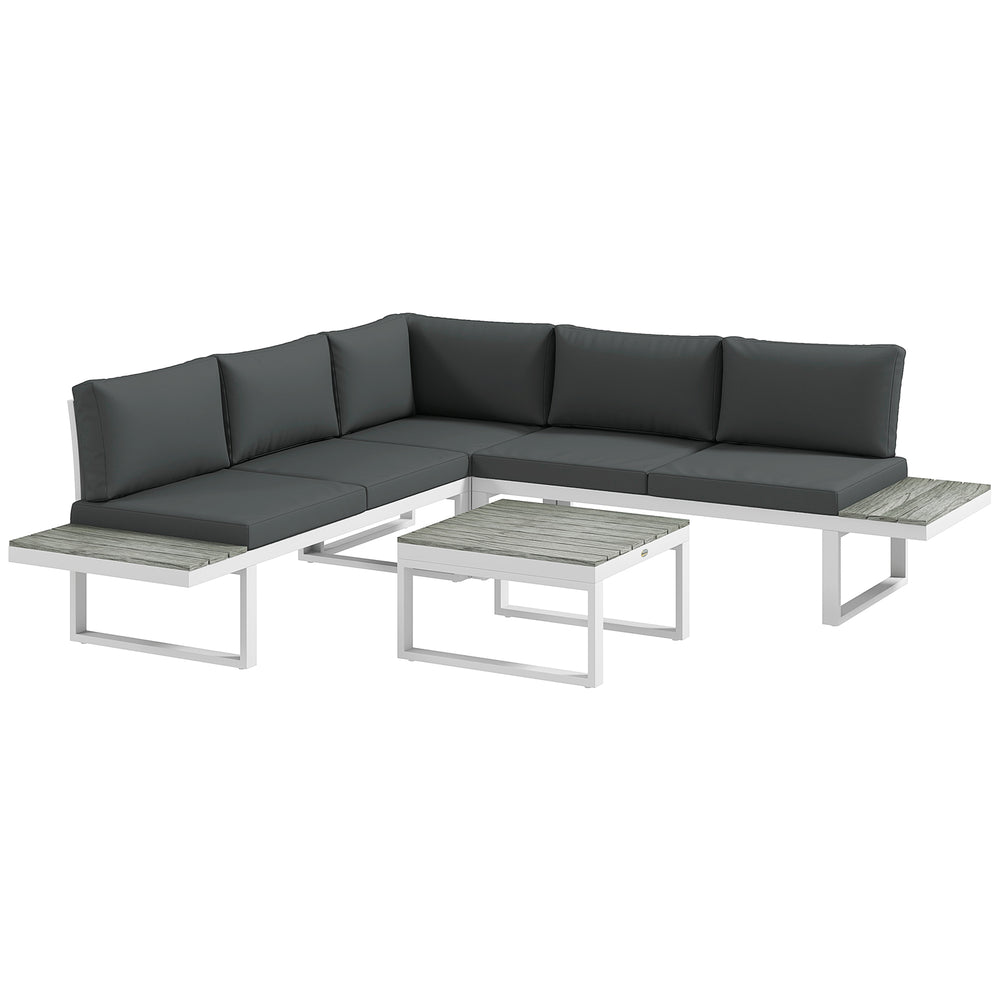 4 Pieces Patio Garden Set with 5-Level Recline Corner Sofa, Outdoor Garden Lounge Sectional Conversation Sofa Set with Cushions, Wood Grain Plastic Table, White  Frame Grey Cushion