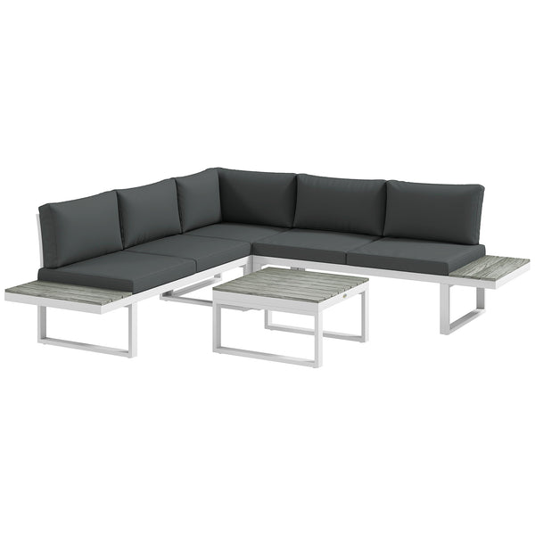 4 Pieces Patio Garden Set with 5-Level Recline Corner Sofa, Outdoor Garden Lounge Sectional Conversation Sofa Set with Cushions, Wood Grain Plastic Table, White  Frame Grey Cushion