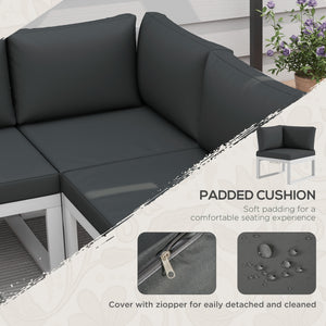 4 Pieces Patio Garden Set with 5-Level Recline Corner Sofa, Outdoor Garden Lounge Sectional Conversation Sofa Set with Cushions, Wood Grain Plastic Table, White  Frame Grey Cushion