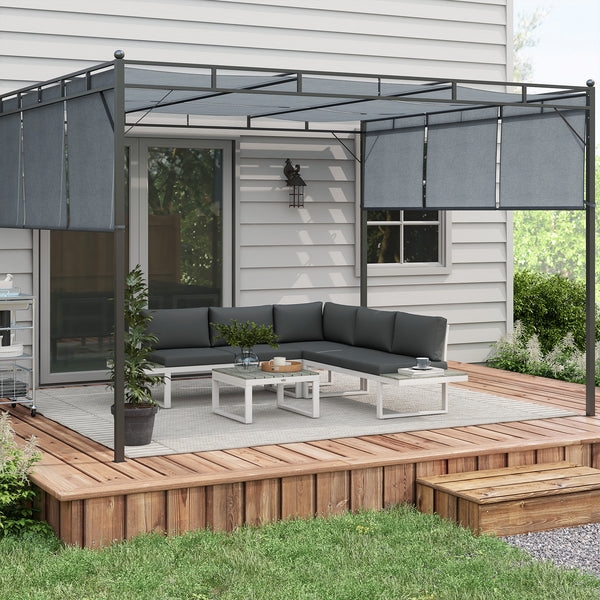 4 Pieces Patio Garden Set with 5-Level Recline Corner Sofa, Outdoor Garden Lounge Sectional Conversation Sofa Set with Cushions, Wood Grain Plastic Table, White  Frame Grey Cushion