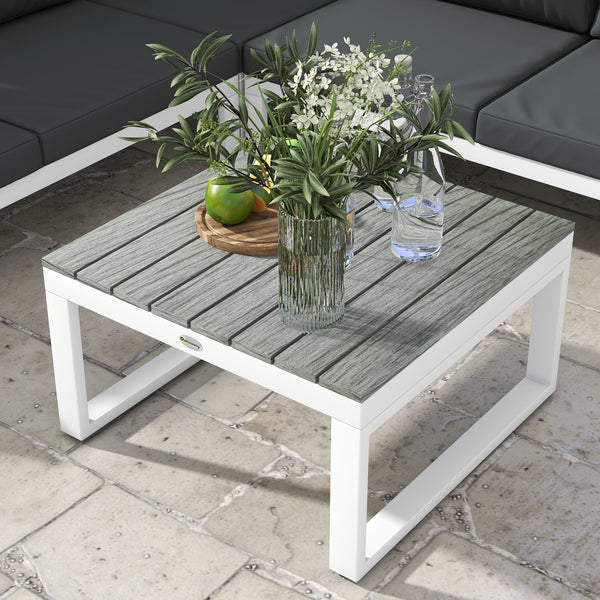 4 Pieces Patio Garden Set with 5-Level Recline Corner Sofa, Outdoor Garden Lounge Sectional Conversation Sofa Set with Cushions, Wood Grain Plastic Table, White  Frame Grey Cushion