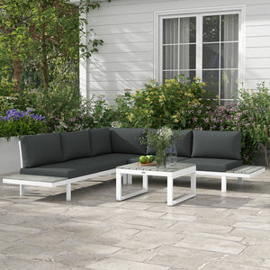4 Pieces Patio Garden Set with 5-Level Recline Corner Sofa, Outdoor Garden Lounge Sectional Conversation Sofa Set with Cushions, Wood Grain Plastic Table, White  Frame Grey Cushion