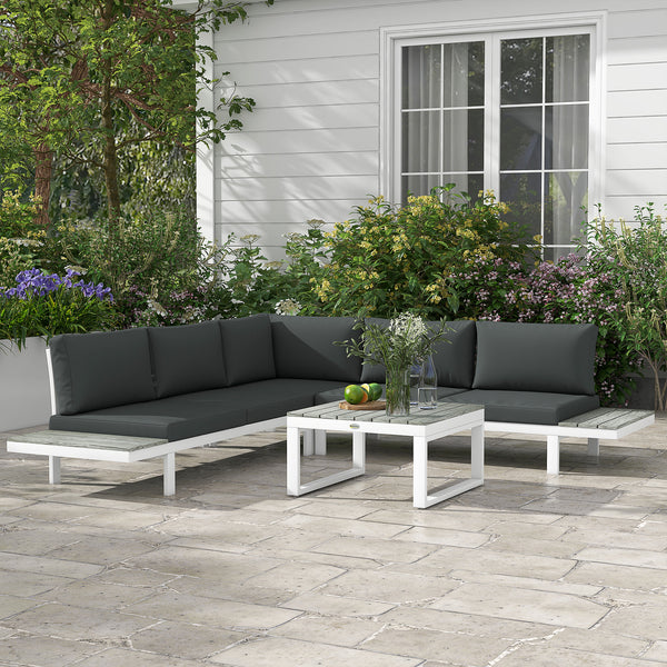 4 Pieces Patio Garden Set with 5-Level Recline Corner Sofa, Outdoor Garden Lounge Sectional Conversation Sofa Set with Cushions, Wood Grain Plastic Table, White  Frame Grey Cushion
