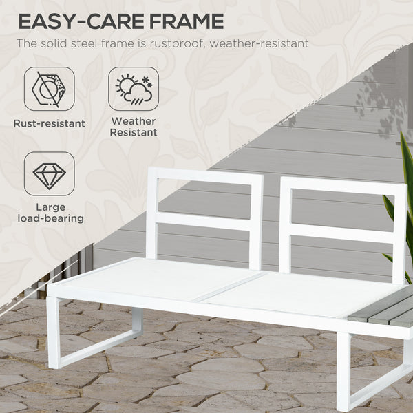 4 Pieces Patio Garden Set with 5-Level Recline Corner Sofa, Outdoor Garden Lounge Sectional Conversation Sofa Set with Cushions, Wood Grain Plastic Table, White  Frame Grey Cushion