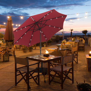 9ft Solar Patio Umbrella Outdoor Sunshade 24 LED Lights Tilt Canopy, Wine Red