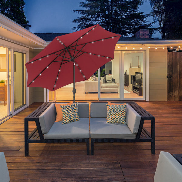 9ft Solar Patio Umbrella Outdoor Sunshade 24 LED Lights Tilt Canopy, Wine Red