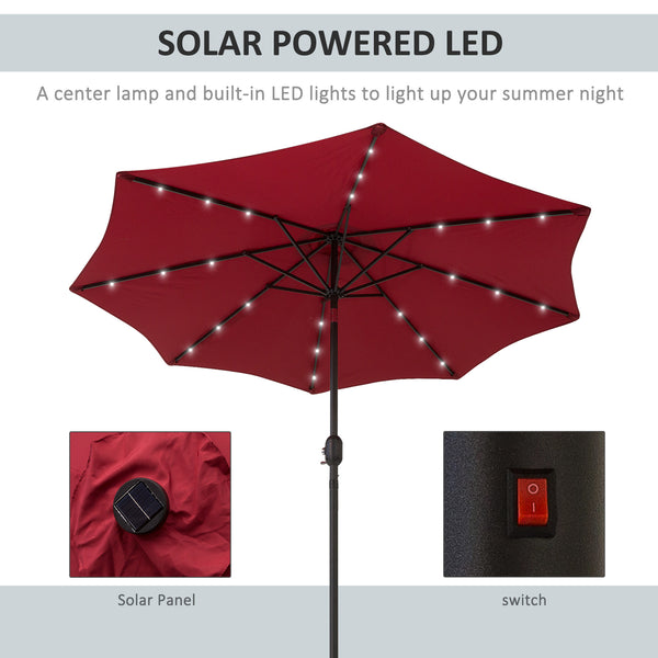 9ft Solar Patio Umbrella Outdoor Sunshade 24 LED Lights Tilt Canopy, Wine Red