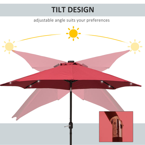 9ft Solar Patio Umbrella Outdoor Sunshade 24 LED Lights Tilt Canopy, Wine Red