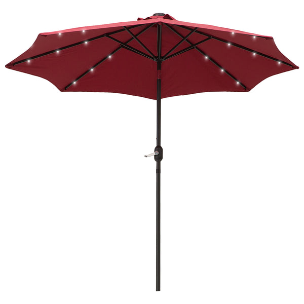 9ft Solar Patio Umbrella Outdoor Sunshade 24 LED Lights Tilt Canopy, Wine Red