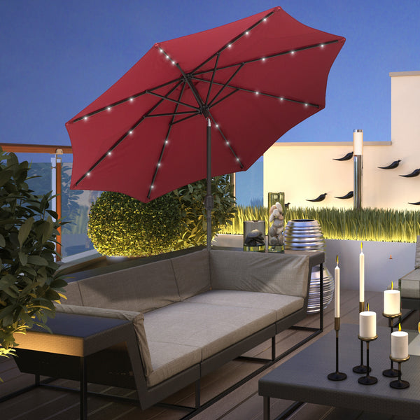 9ft Solar Patio Umbrella Outdoor Sunshade 24 LED Lights Tilt Canopy, Wine Red