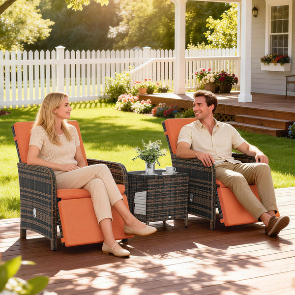 3 Pieces Rattan Bistro Set, Reclining Garden Chairs and 2-Tier Storage Glass-Top Table, PE Wicker Garden Furniture Conversation Set with Cushions for Outdoor, Patio, Balcony, Orange