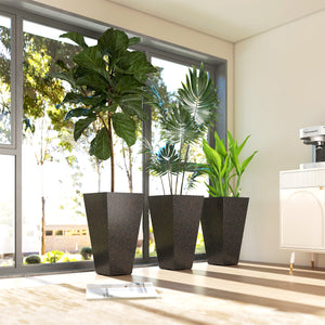 28 Inch Tall Planters for Outdoor Plants, Set of 3 Plastic Flower Pots with Marble Finish and Drainage Holes, Stackable Tapered Large Planters for Indoor Plants, Front Porch Decor, Brown