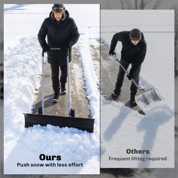 Snow Shovel with Wheels, 37-Inch Extra Wide Heavy Duty Aluminum Snow Pusher with Ergonomic Adjustable Handle, Angled Blade, Non-Slip Grip for Driveway, Sidewalks, Black