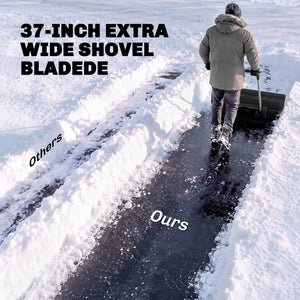 Snow Shovel with Wheels, 37-Inch Extra Wide Heavy Duty Aluminum Snow Pusher with Ergonomic Adjustable Handle, Angled Blade, Non-Slip Grip for Driveway, Sidewalks, Black