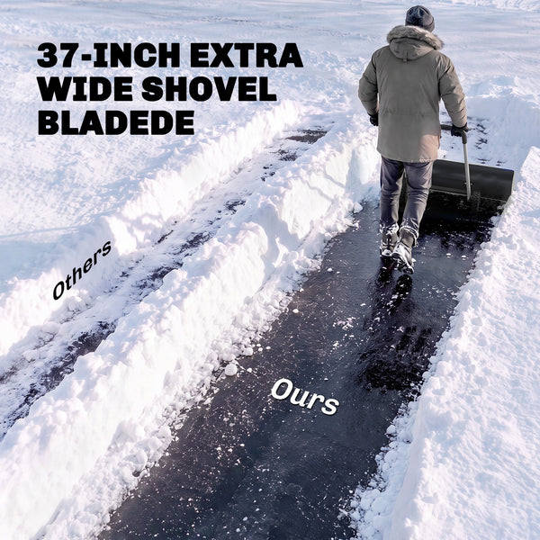Snow Shovel with Wheels, 37-Inch Extra Wide Heavy Duty Aluminum Snow Pusher with Ergonomic Adjustable Handle, Angled Blade, Non-Slip Grip for Driveway, Sidewalks, Black