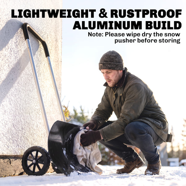 37-Inch Extra Wide Snow Shovel with Wheels, Heavy Duty Aluminum Snow Pusher with Ergonomic Adjustable Handle, Angled Blade and Non-Slip Grip for Driveway, Sidewalks, Garden, Deck, Black