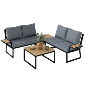 4 Seater Rattan Garden Furniture Set, Corner Garden Sofa Set with 2 Loveseats, 2 Nesting Coffee Tables, Arm Side Trays, Cushions, Metal Outdoor Furniture Conversation Sets for Patio, Teak