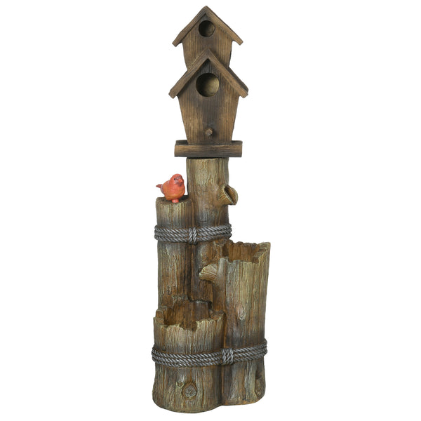 Outsunny Outdoor Fountain with Birdhouse, Cascading Garden Waterfall Bird Bath with 3-Tier Rustic Tree Trunk / Log Design, LED Lights for Porch, Deck, Yard Decor, Brown