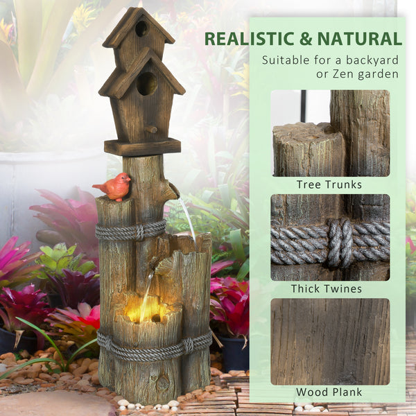 Outsunny Outdoor Fountain with Birdhouse, Cascading Garden Waterfall Bird Bath with 3-Tier Rustic Tree Trunk / Log Design, LED Lights for Porch, Deck, Yard Decor, Brown